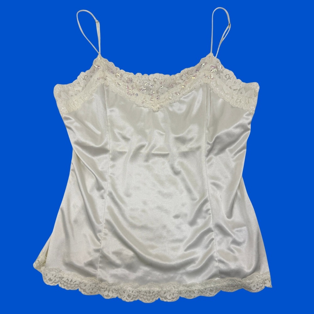 Vintage Y2K Worthington Camisole Women Medium Cream Lace Sequin Coquette Fairy